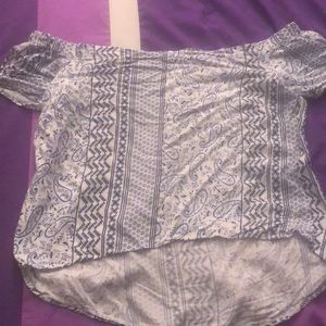 A off the shoulder top that is blue and white